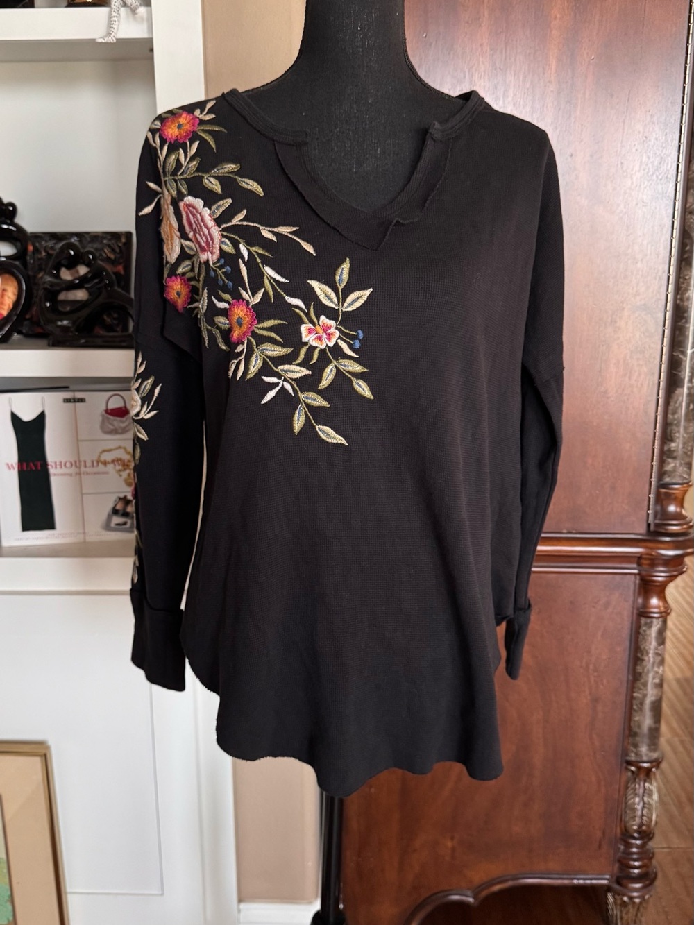 Caite Black Floral Embroidered Long Sleeve Top